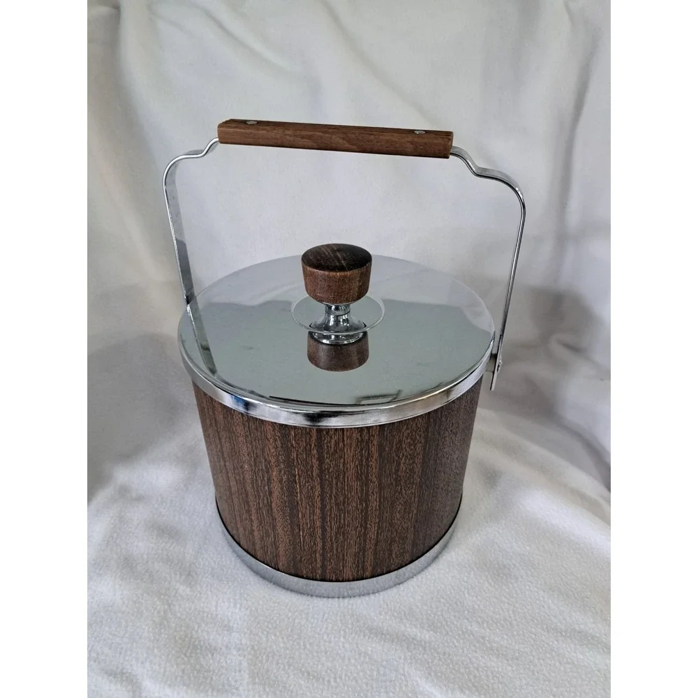 Vintage Atapco USA Faux Wood Grain Ice Bucket Chrome Lid Barware Mid Century Mod